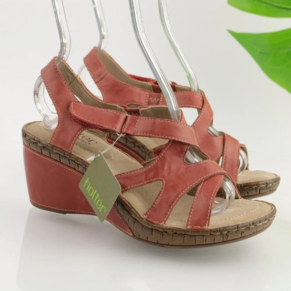 Hotter Womens Mellow Sandals Size 7.5 Red Leather Wedge Heel Strappy Slingback - Picture 1 of 12